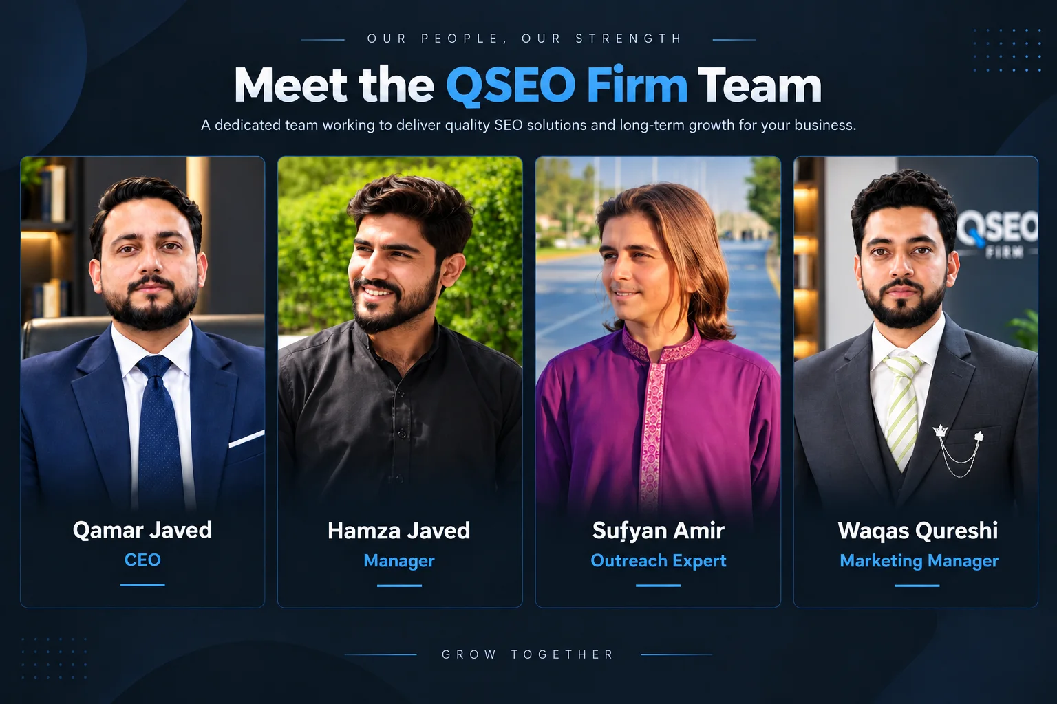 QSEO Firm team: Qamar Javed, Hamza Javed, Sufyan Amir, and Waqas Qureshi.